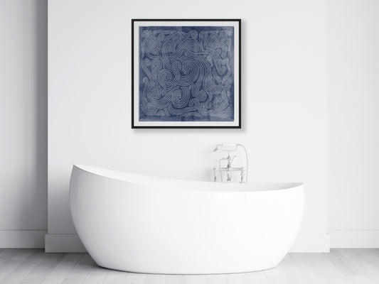 Blue Wave Line Art Print - Modern Square Abstract Ocean-Inspired Design