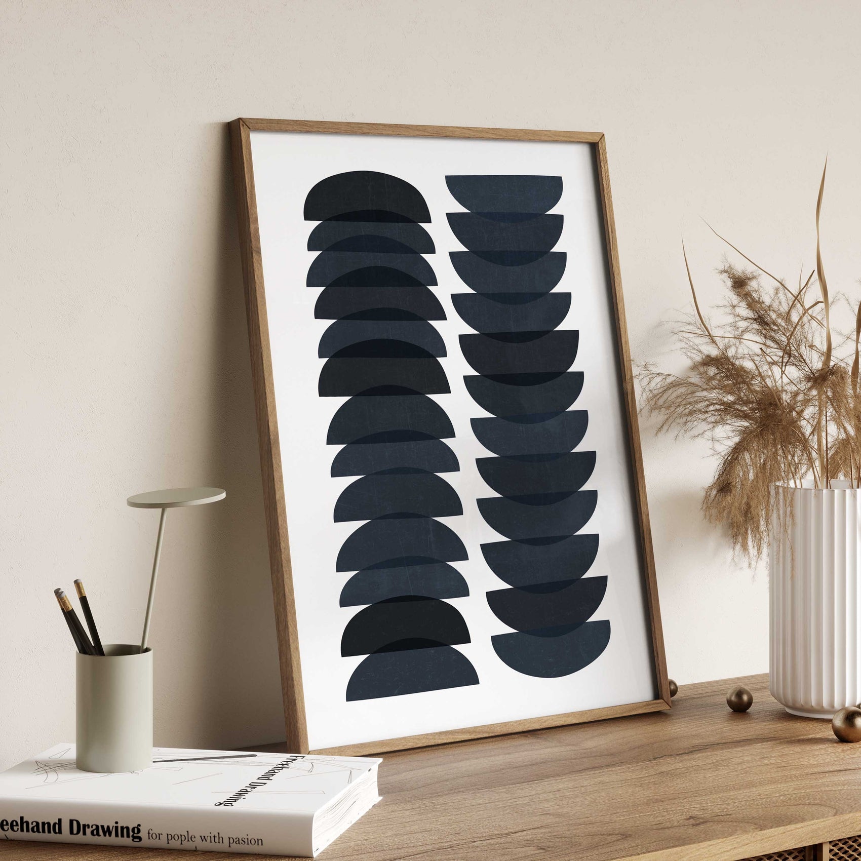 Dark Denim Blue Mid Century Modern Art Print