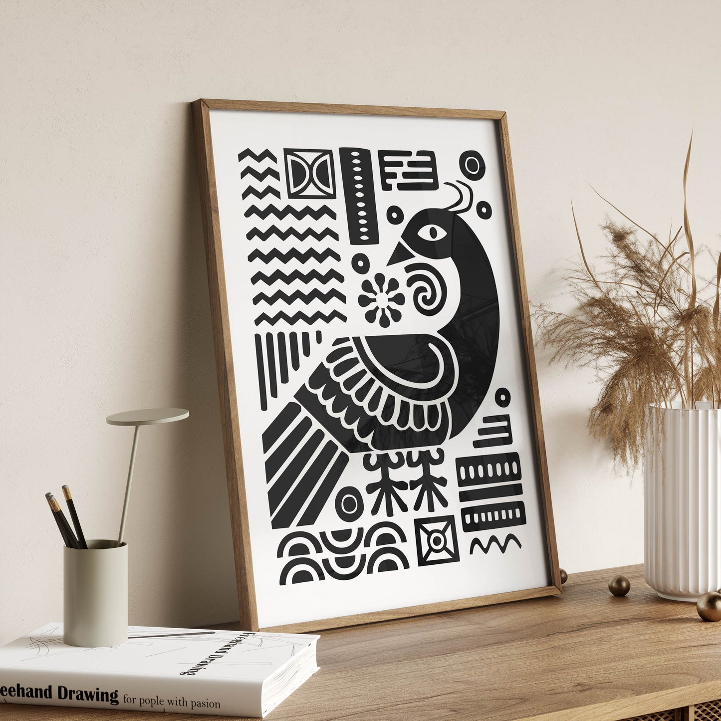 Black and White Pretty Scandinavian Folk Art Print