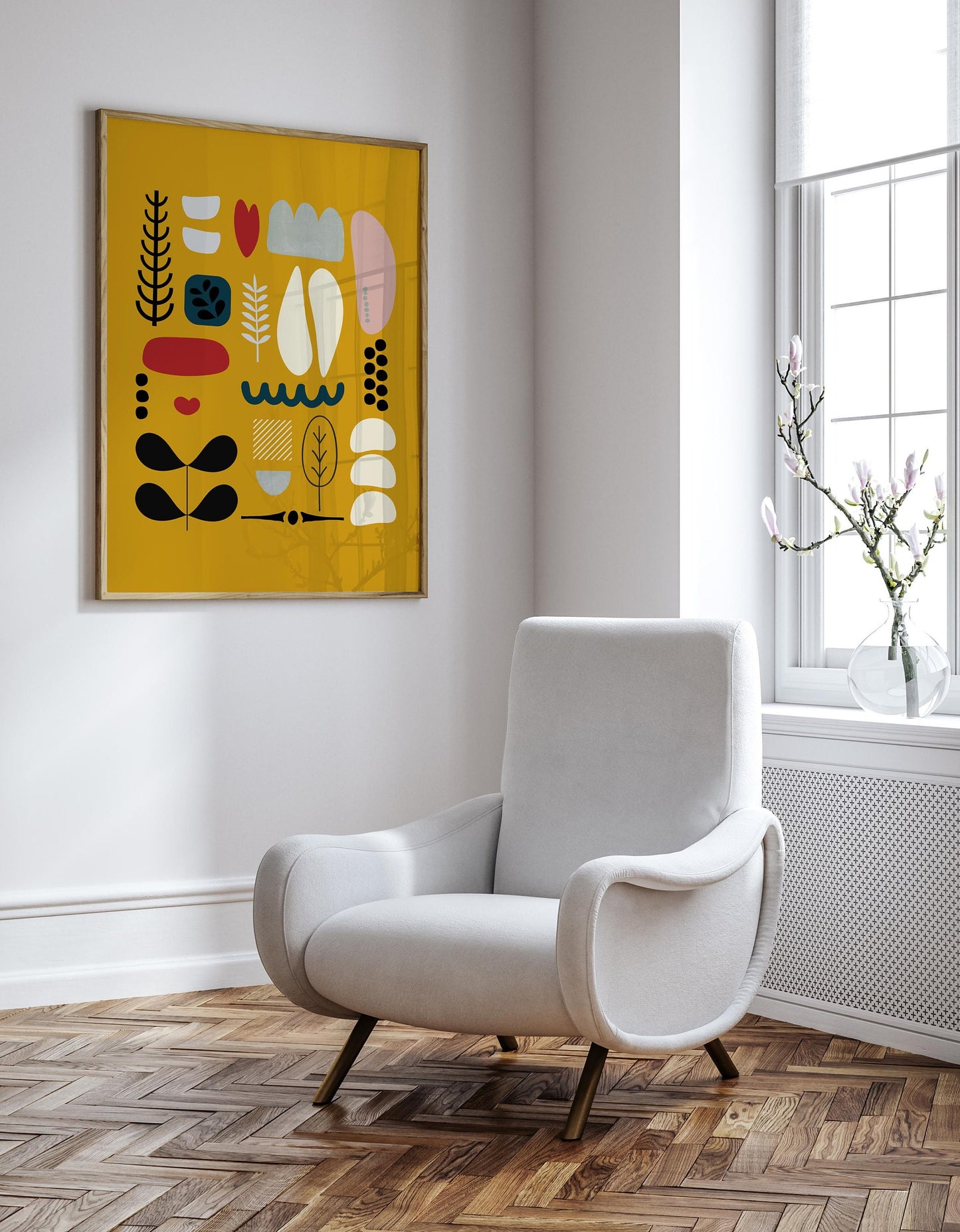 Yellow Scandi Folk Abstract Art Print