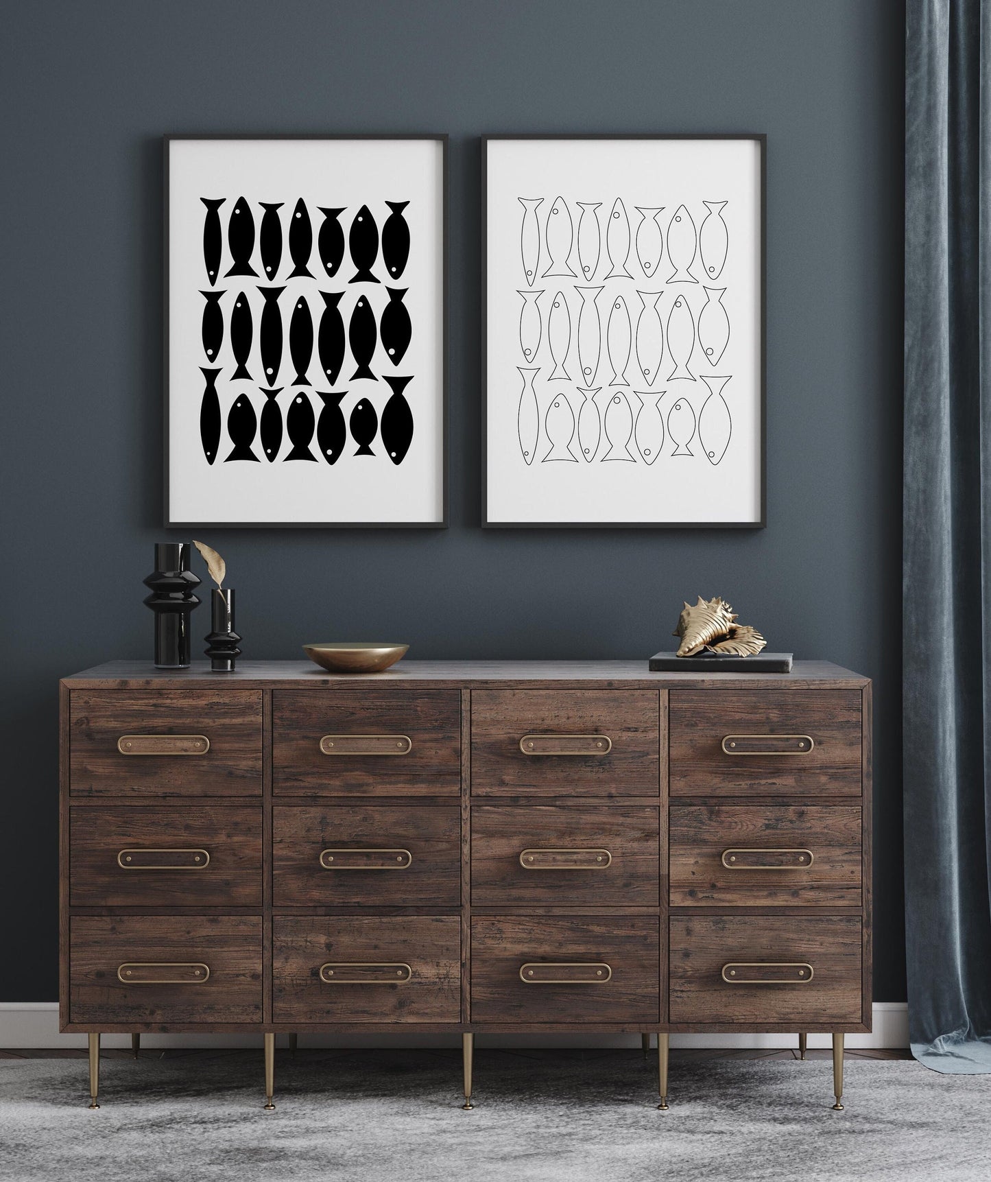 Set of 2 Abstract Fish Wall Art Prints