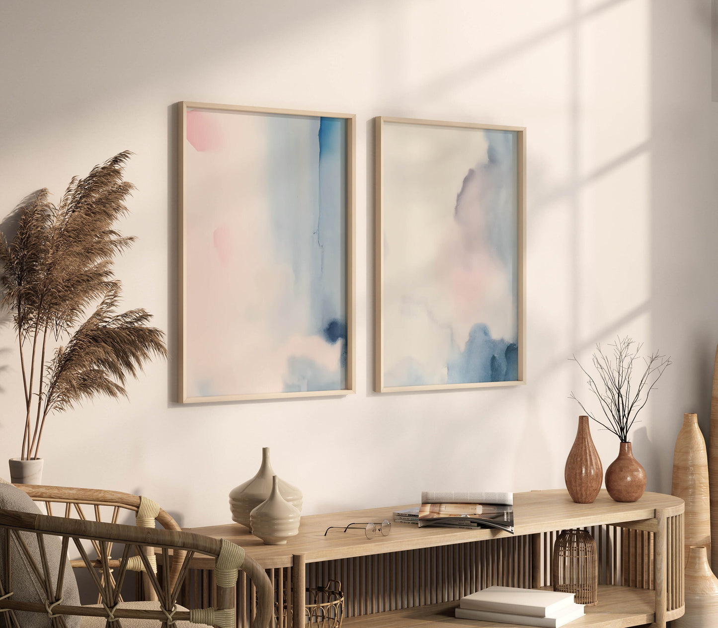 Set of 2 Blue and Pink Pastel Digital Abstract Watercolour Wash Prints