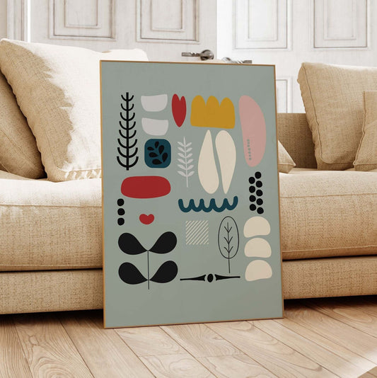 Light Blue Scandi Abstract Folk Wall Art Print