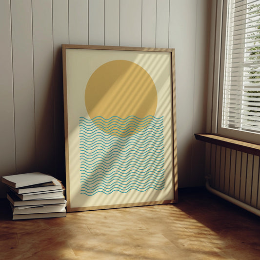 Cute Abstract Ocean and Sun Art Wall Print