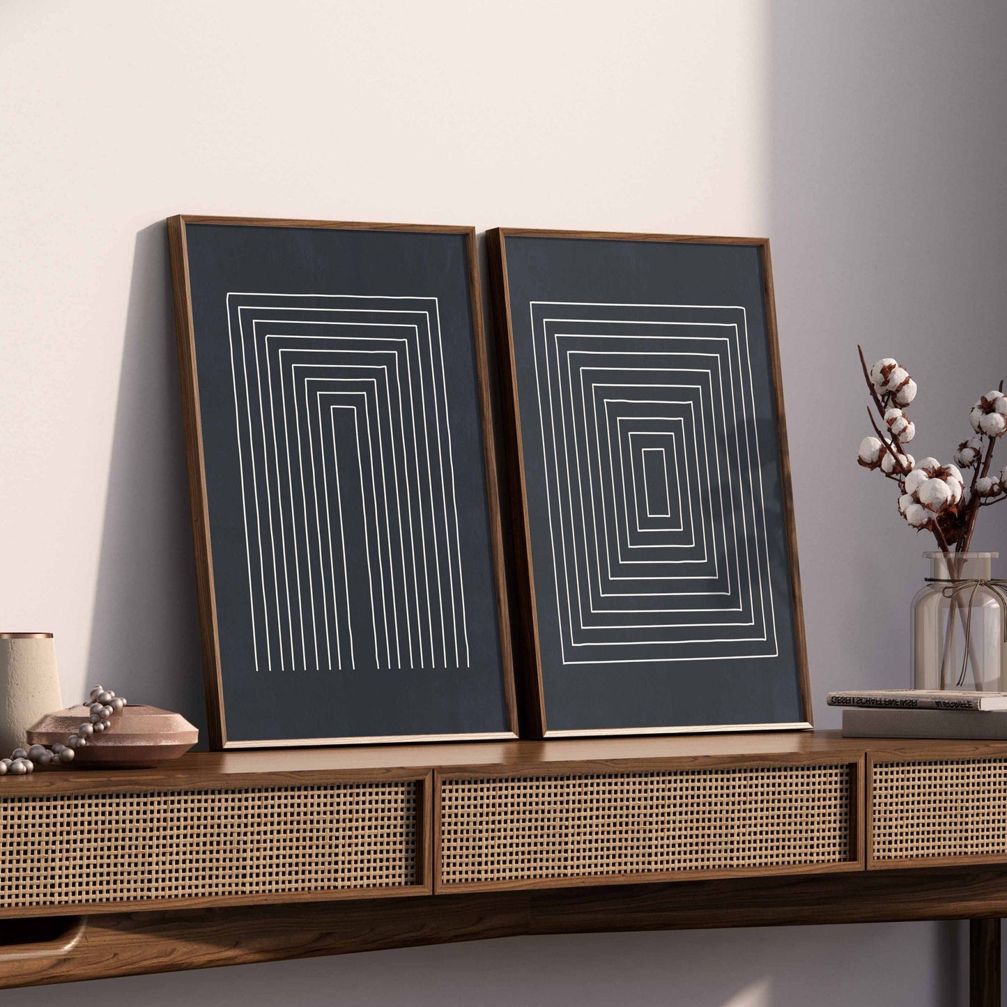 Set of 2 Blue Mid Century Modern Line Art Prints