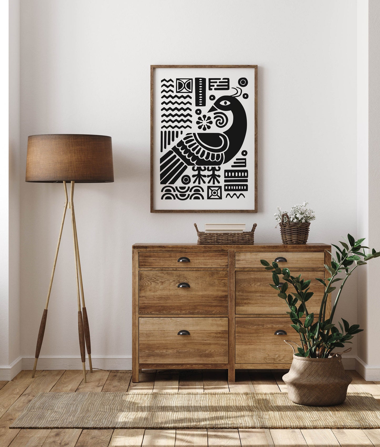Black and White Pretty Scandinavian Folk Art Print