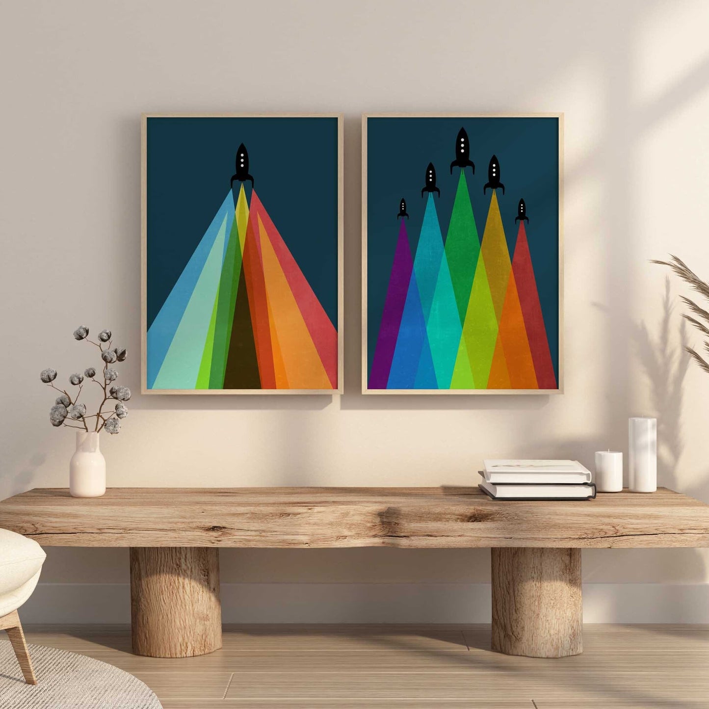 Set of 2 Cool Colorful Abstract Kids Rocket Prints