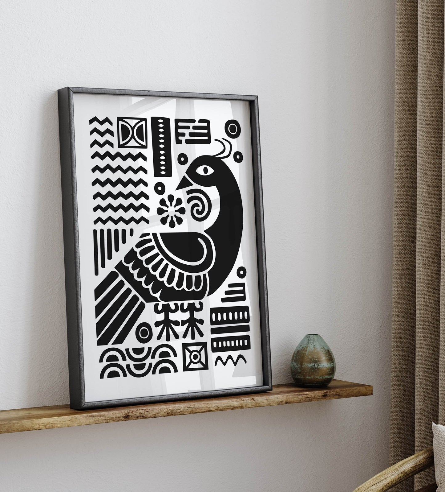Black and White Pretty Scandinavian Folk Art Print