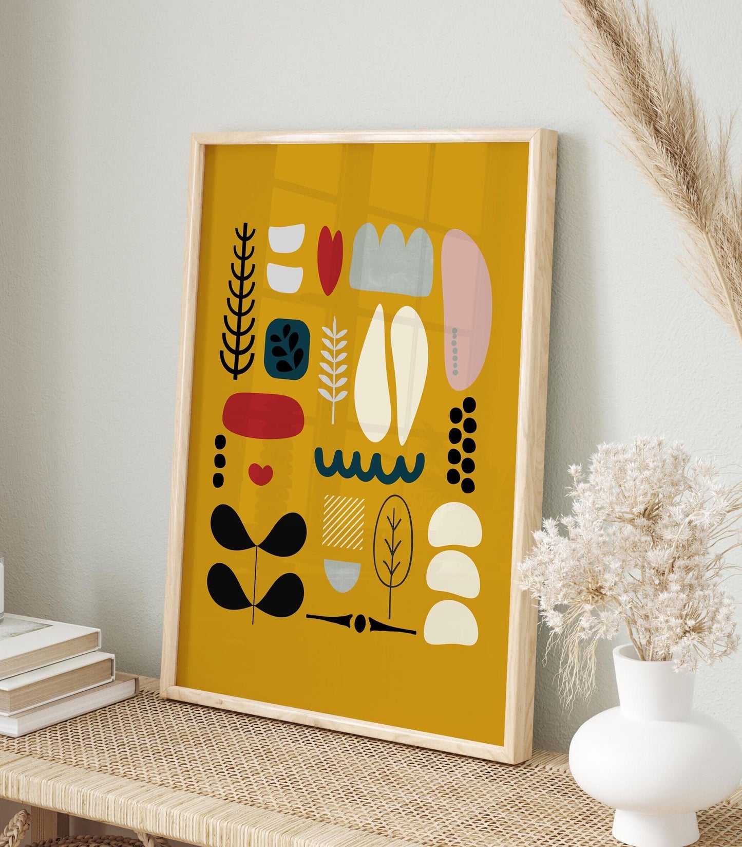 Yellow Scandi Folk Abstract Art Print
