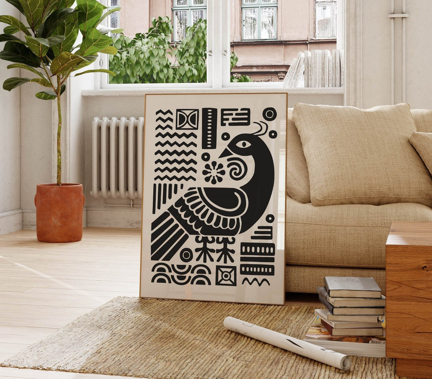 Black and White Pretty Scandinavian Folk Art Print