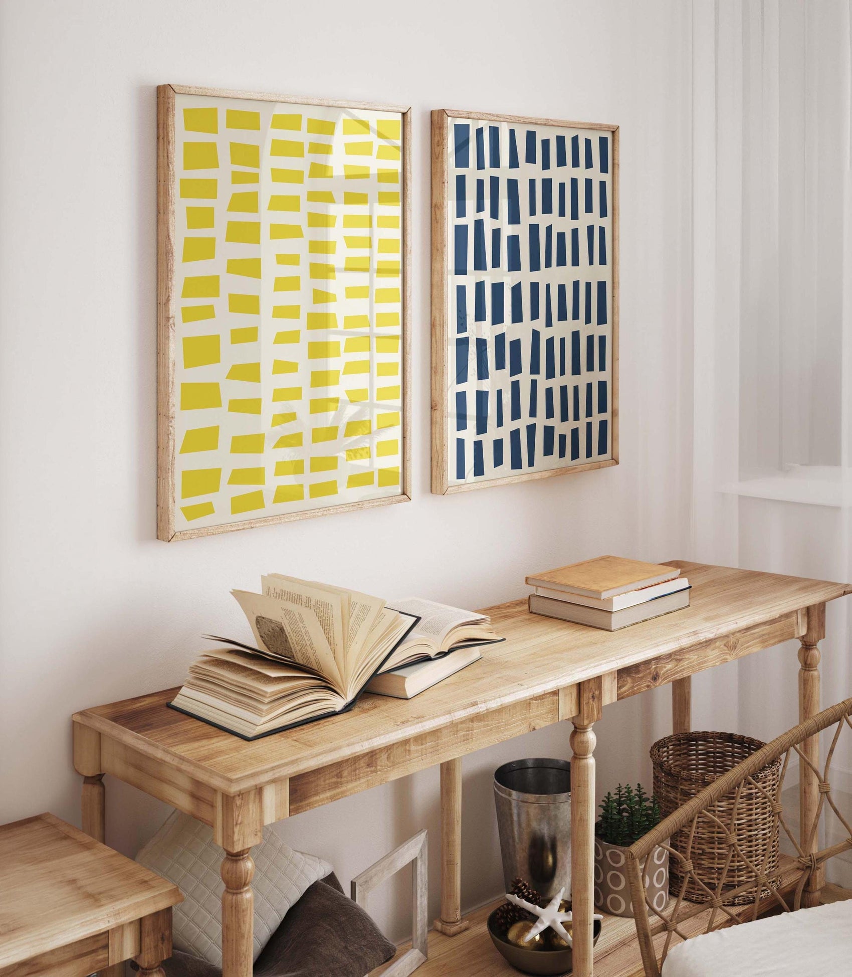 Set of 2 Blue and Yellow Abstract Line Art Prints