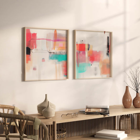 Set of 2 Boho Colorful Modern Paintings - Fun Abstract Square Digital Art Prints