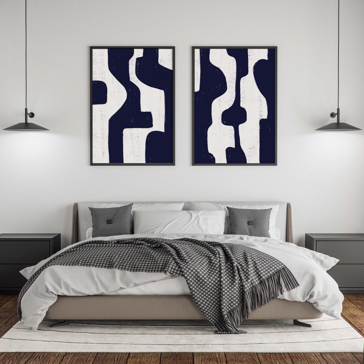 Set of 2 Navy Blue Abstract Minimalist Painting Prints