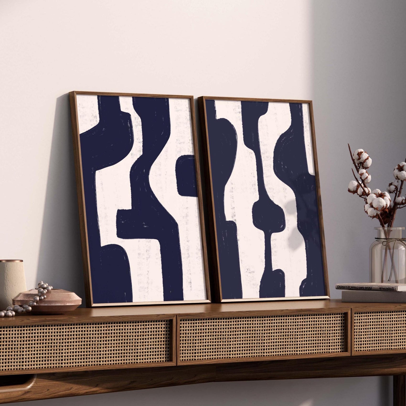 Set of 2 Navy Blue Abstract Minimalist Painting Prints