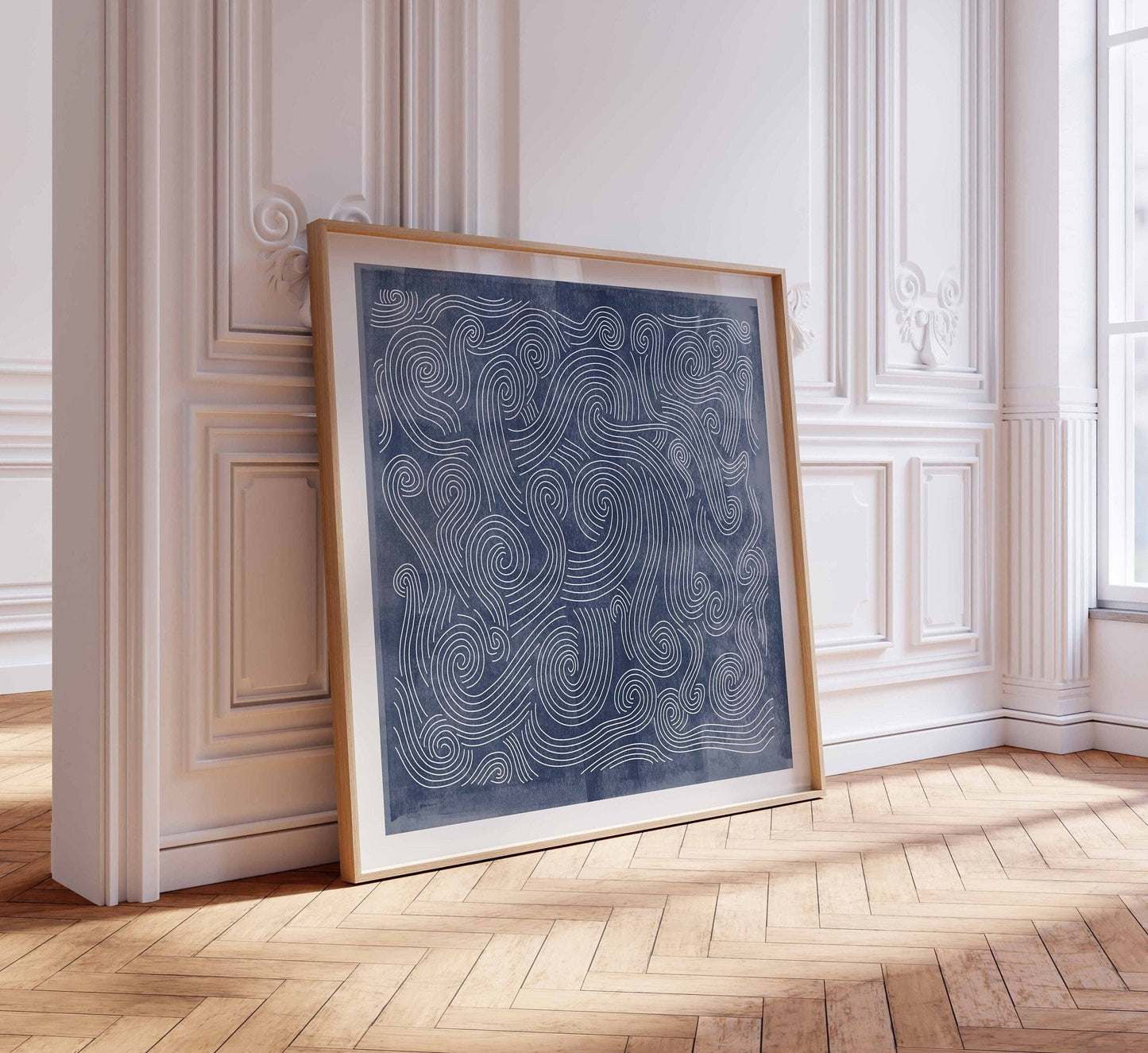 Blue Wave Line Art Print - Modern Square Abstract Ocean-Inspired Design