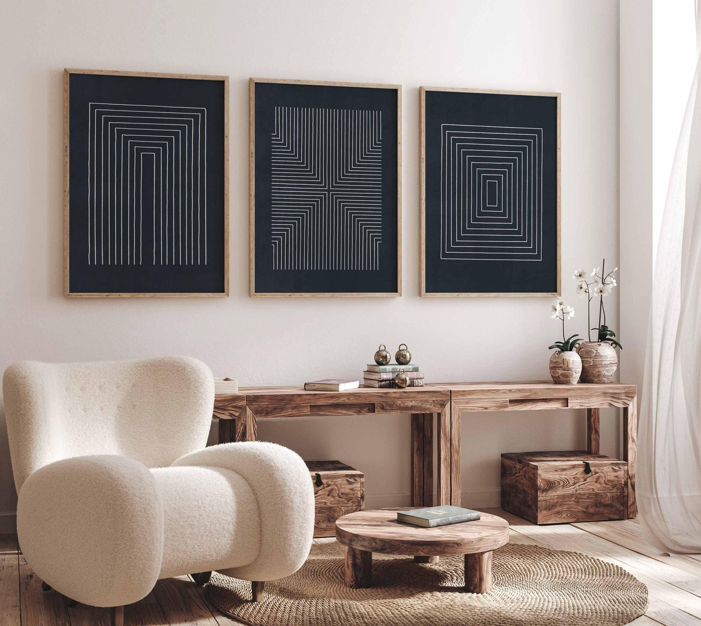 Set of 3 Navy Blue Geometric Line Art Prints