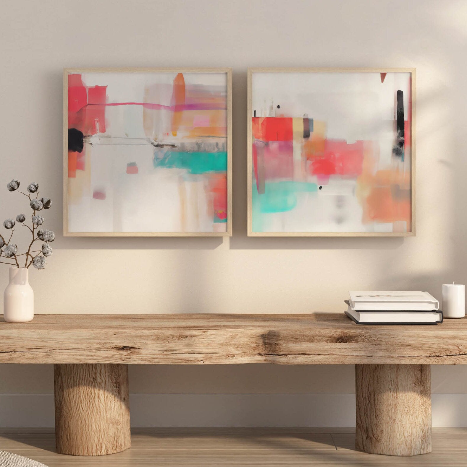 Set of 2 Boho Colorful Modern Paintings - Fun Abstract Square Digital Art Prints