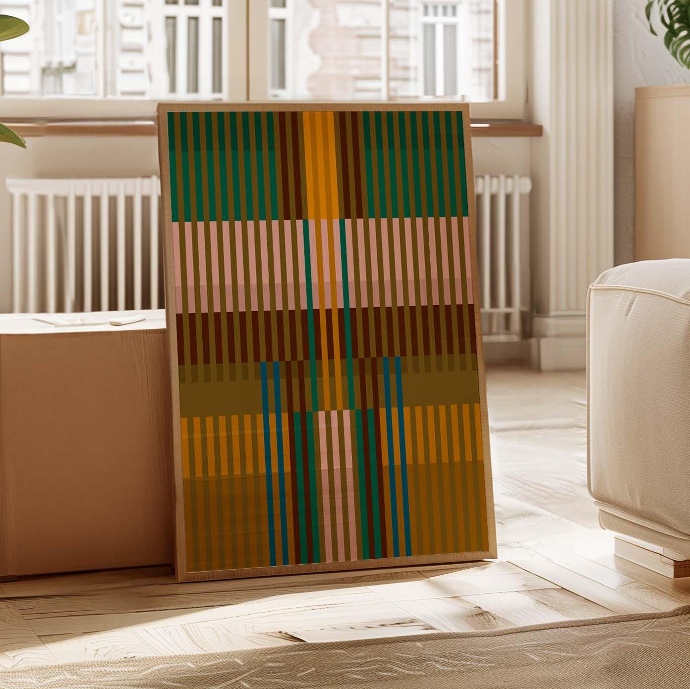 Modern Print in Green and Mustard Tones - Striped Abstract Wall Art