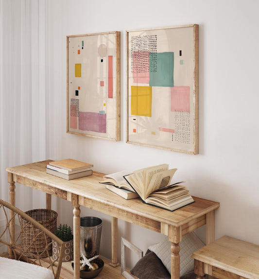Set of 2 Cute Pastel Paintings - Modern Abstract Wall Art in Soft Pastels