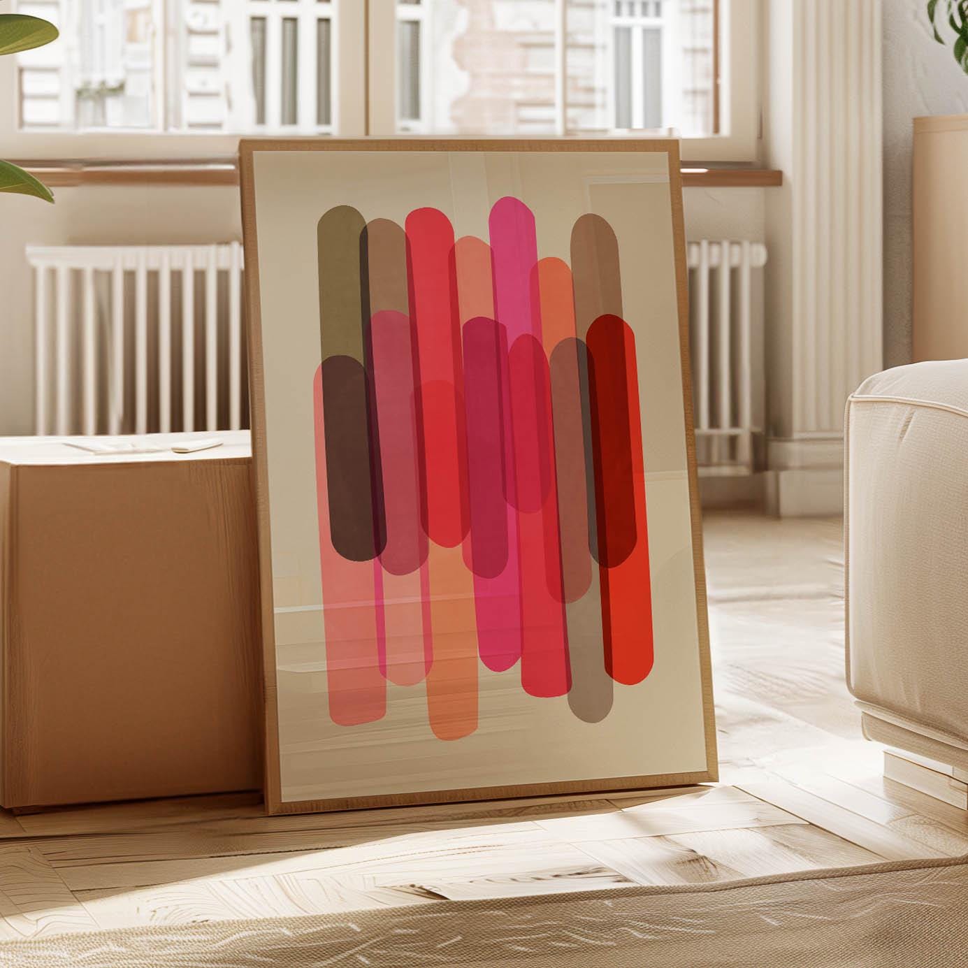 Cute Modern Abstract Art Print - Warm Pink and Red Shapes on Cream