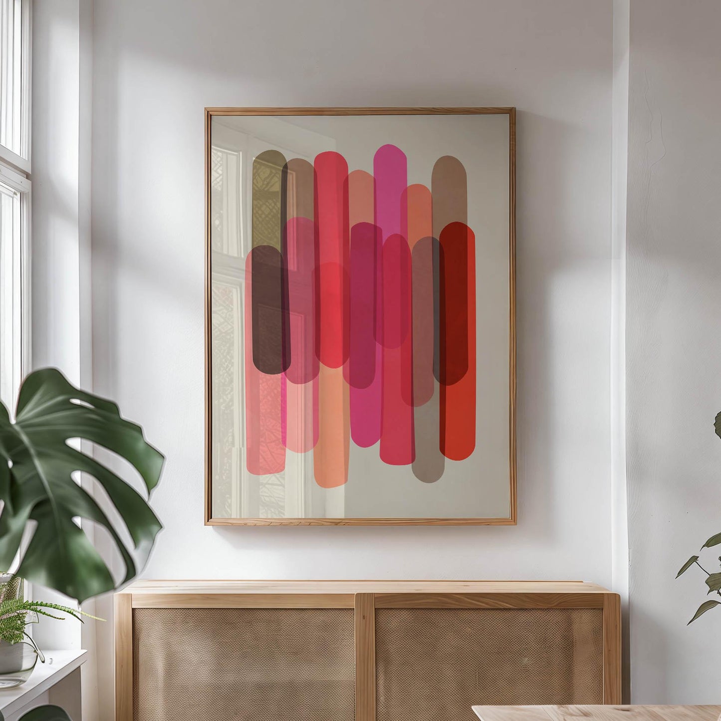 Cute Modern Abstract Art Print - Warm Pink and Red Shapes on Cream