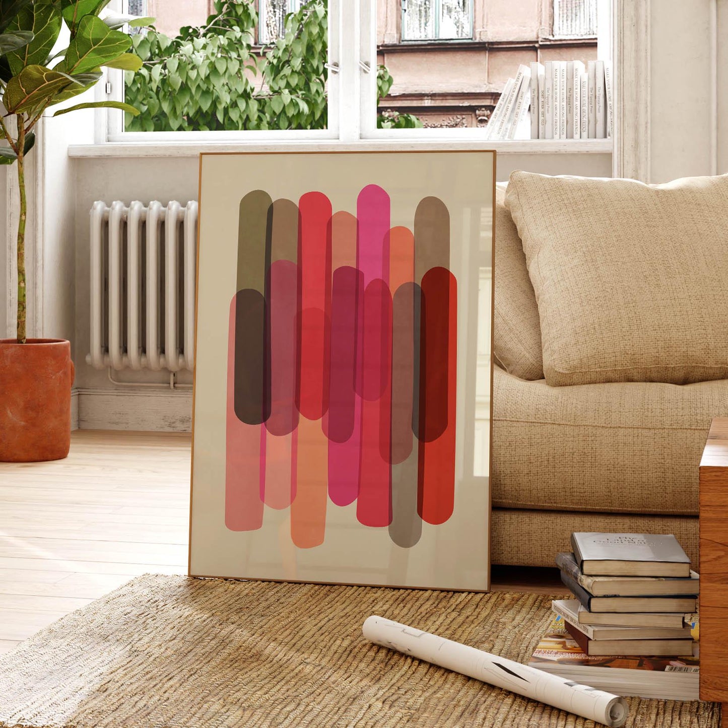 Cute Modern Abstract Art Print - Warm Pink and Red Shapes on Cream