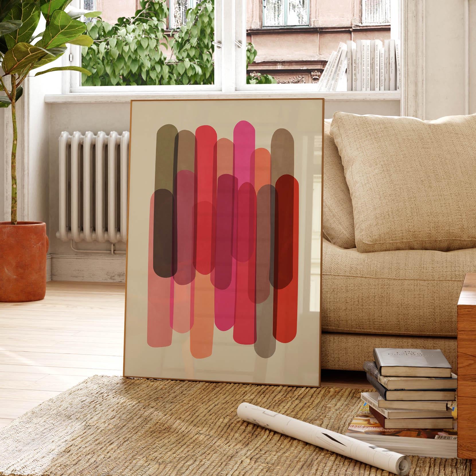 Cute Modern Abstract Art Print - Warm Pink and Red Shapes on Cream