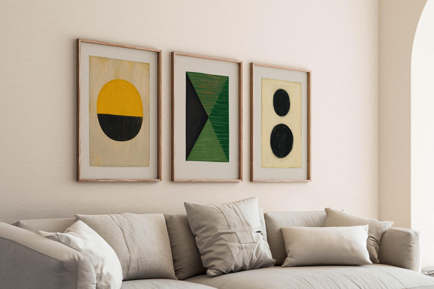 Set of 3 Modern Geometric Painting Art Prints - Green, Yellow and Black Artwork