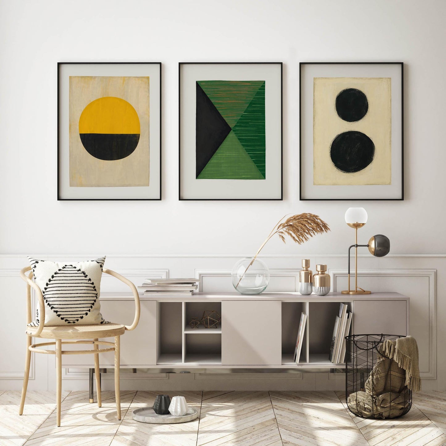 Set of 3 Modern Geometric Painting Art Prints - Green, Yellow and Black Artwork