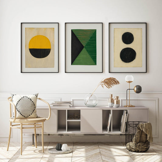 Set of 3 Modern Geometric Painting Art Prints - Green, Yellow and Black Artwork