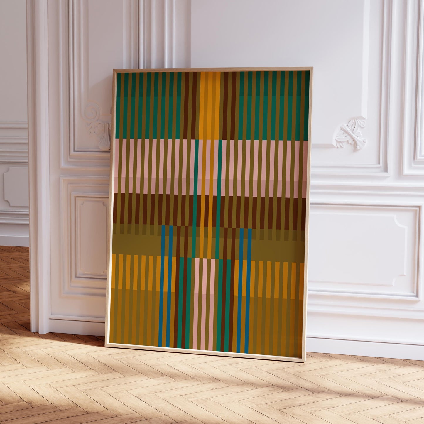 Modern Print in Green and Mustard Tones - Striped Abstract Wall Art