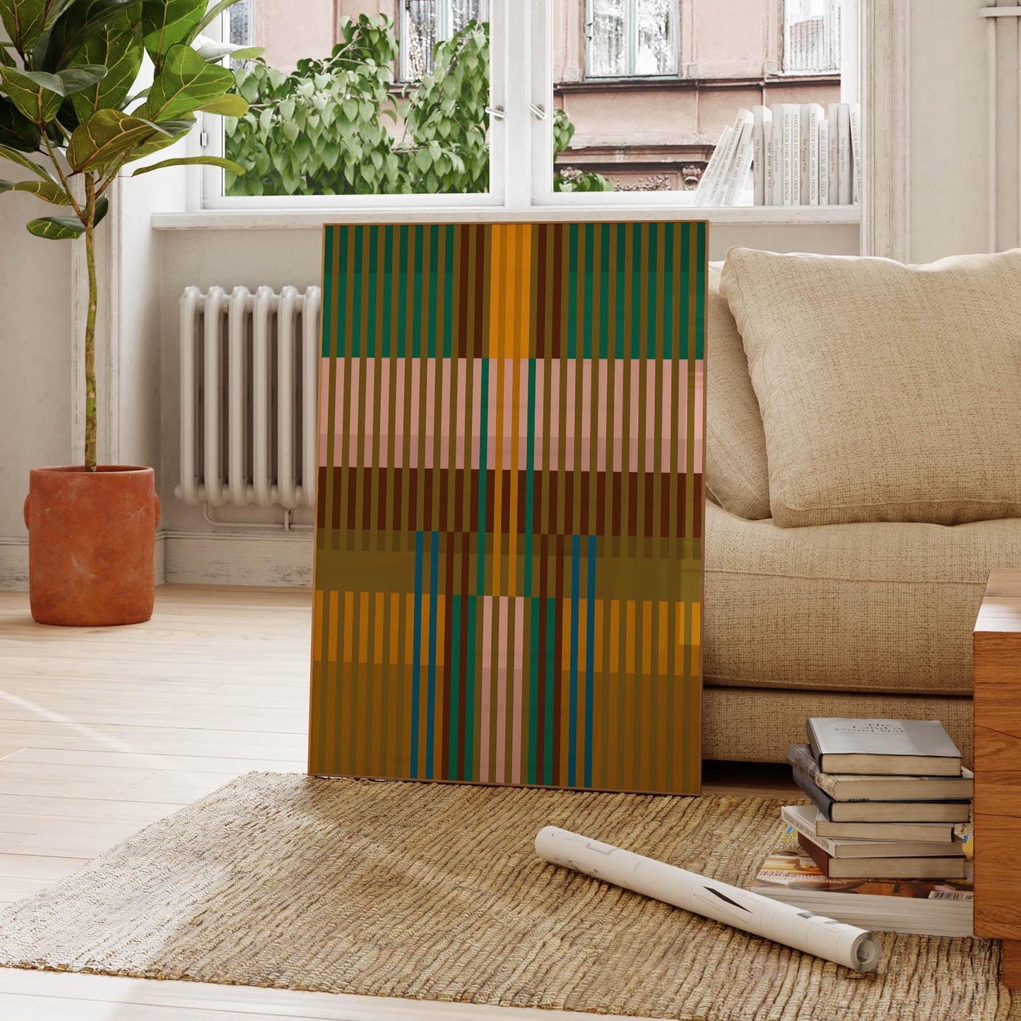 Modern Print in Green and Mustard Tones - Striped Abstract Wall Art