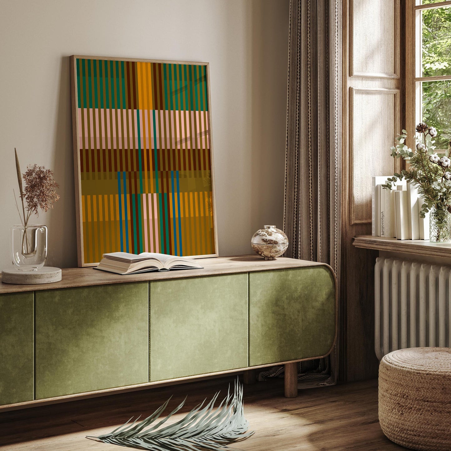 Modern Print in Green and Mustard Tones - Striped Abstract Wall Art