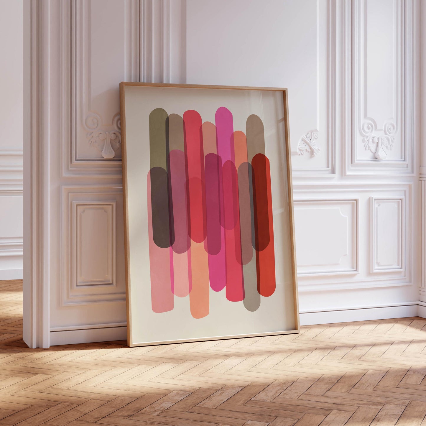 Cute Modern Abstract Art Print - Warm Pink and Red Shapes on Cream