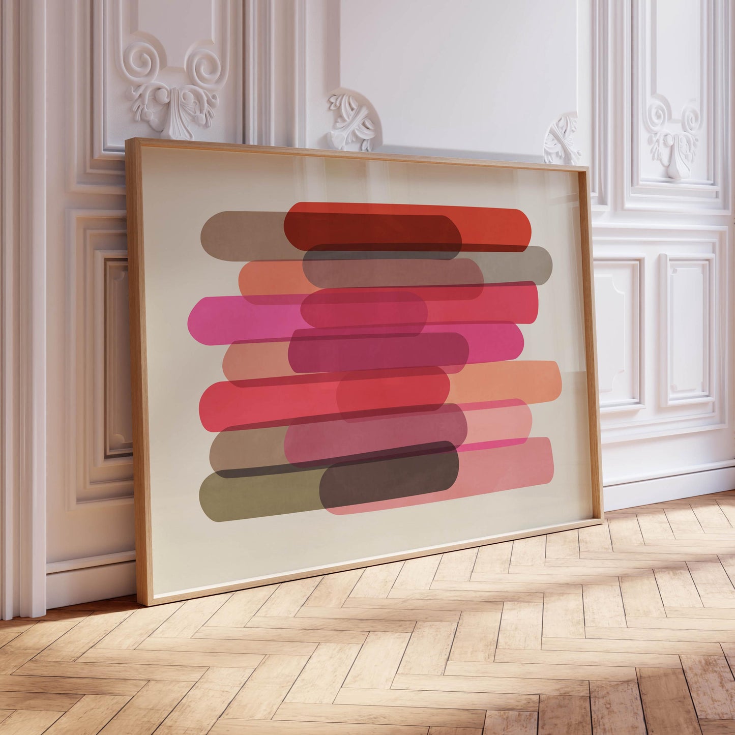 Cute Modern Abstract Art Print - Warm Pink and Red Shapes on Cream