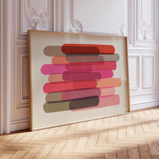 Cute Modern Abstract Art Print - Warm Pink and Red Shapes on Cream