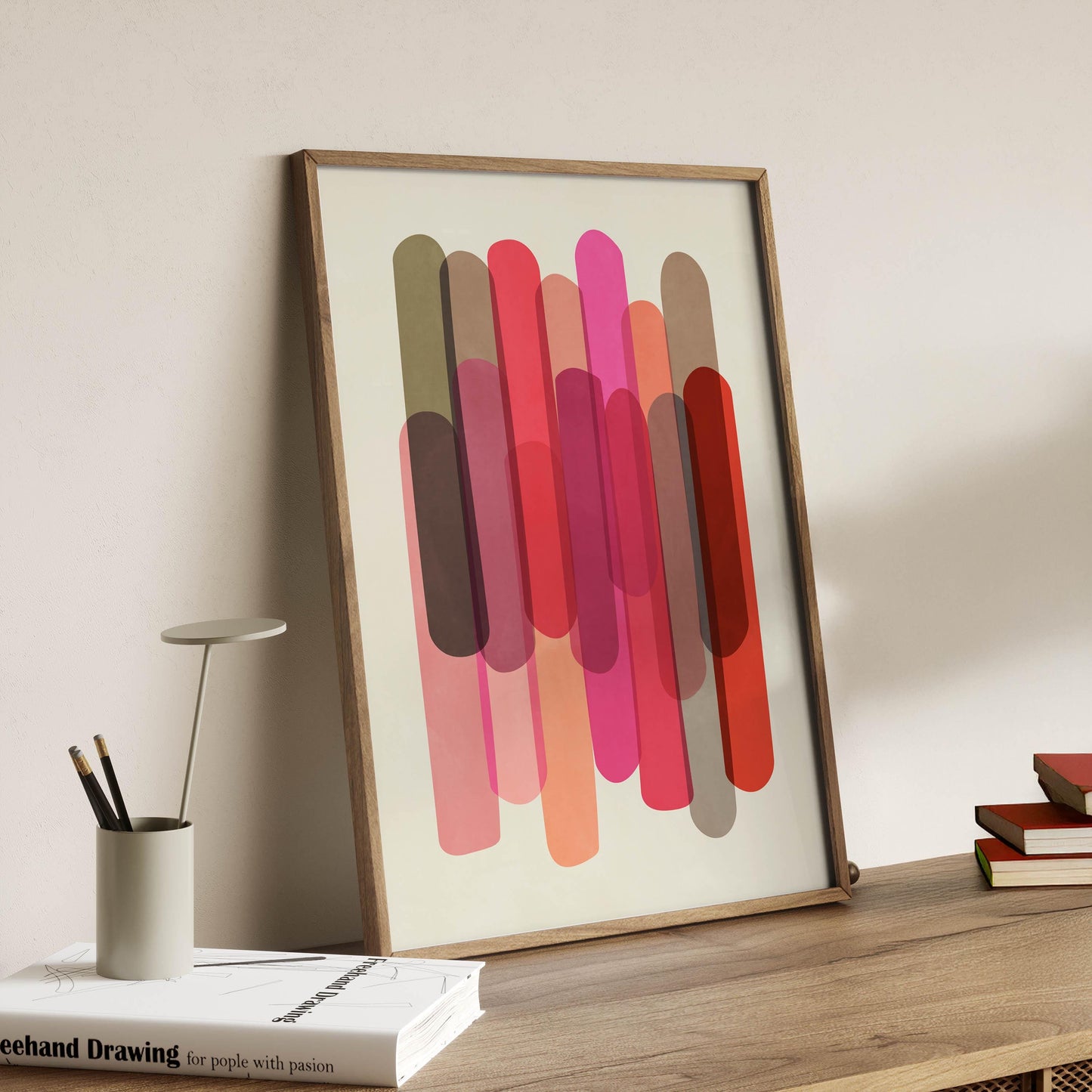 Cute Modern Abstract Art Print - Warm Pink and Red Shapes on Cream