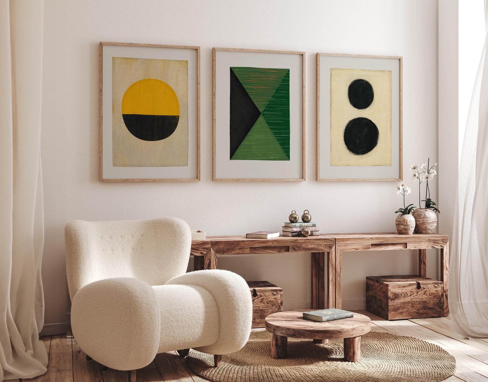 Set of 3 Modern Geometric Painting Art Prints - Green, Yellow and Black Artwork