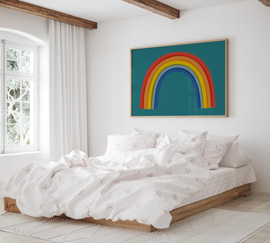 Rainbow On Teal Wall Art Print - Colorful Kids Room Room Art