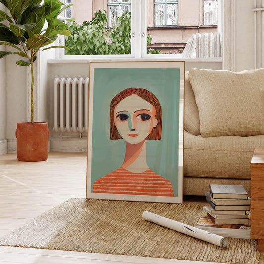 Modern Girl Portrait Print - Abstract Figurative Blue and Peach Art