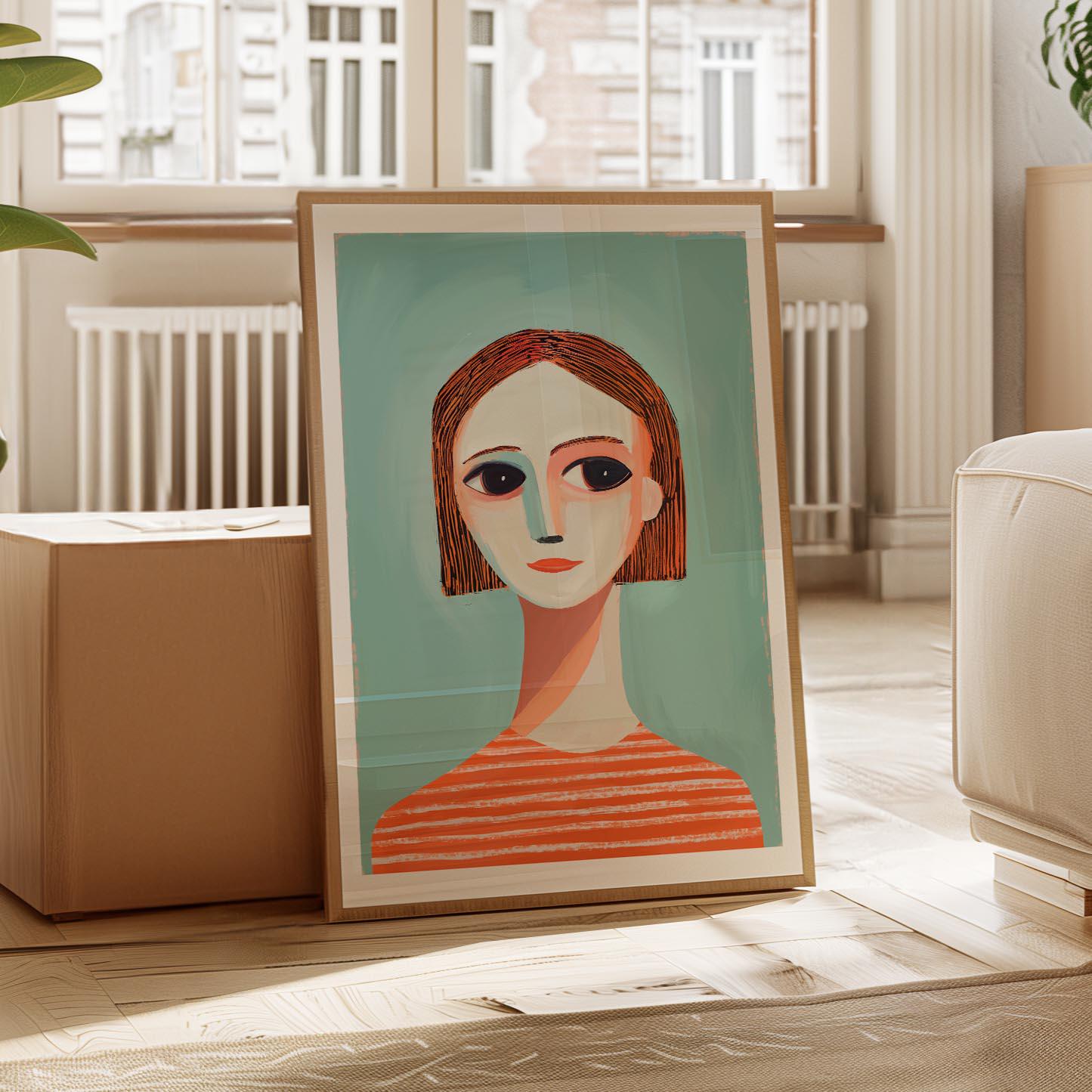 Modern Girl Portrait Print - Abstract Figurative Blue and Peach Art