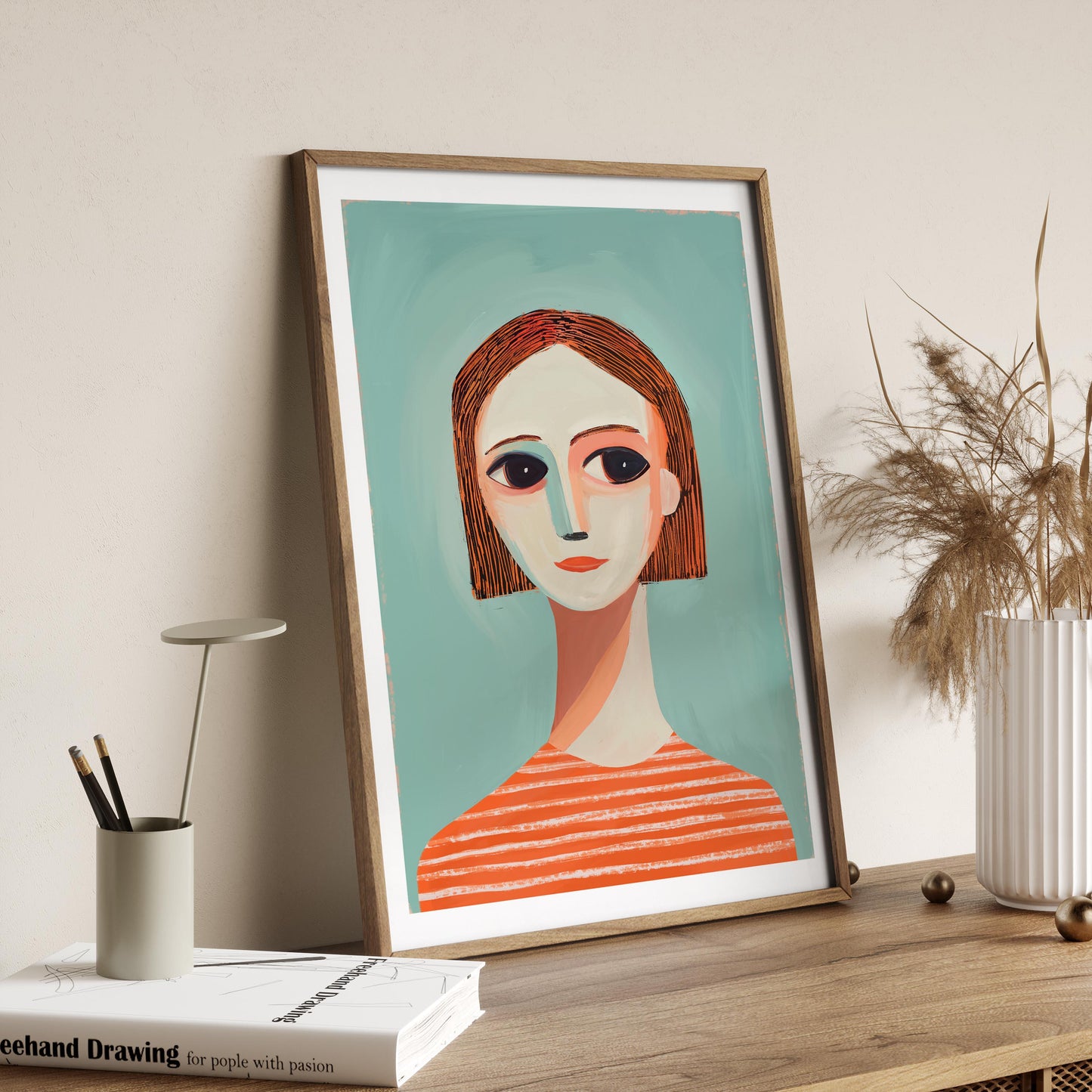 Modern Girl Portrait Print - Abstract Figurative Blue and Peach Art