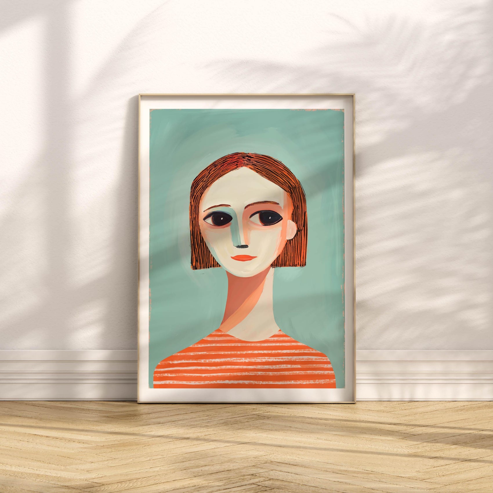 Modern Girl Portrait Print - Abstract Figurative Blue and Peach Art