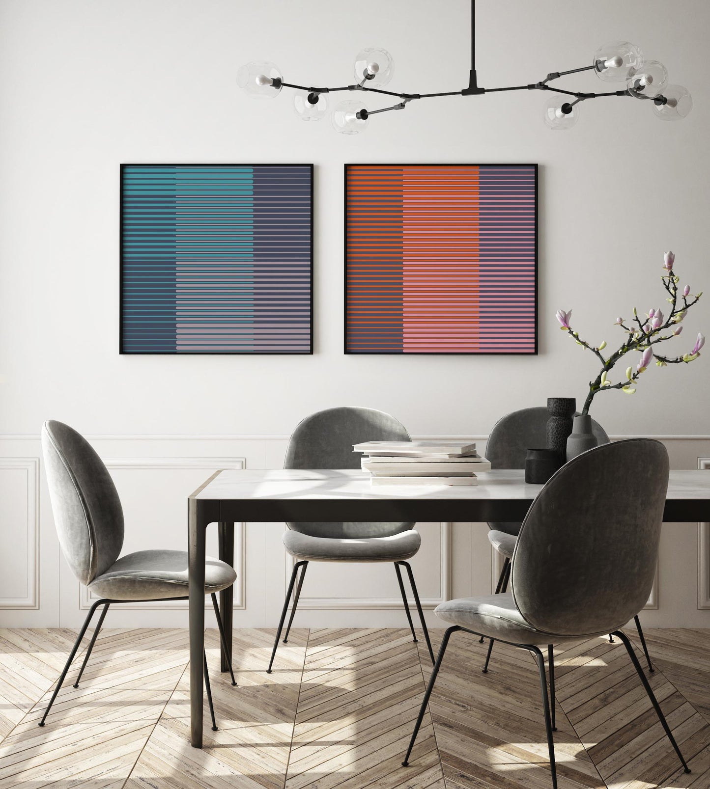 Set of 2 Blue and Pink Line Art Prints - Square Abstract Art