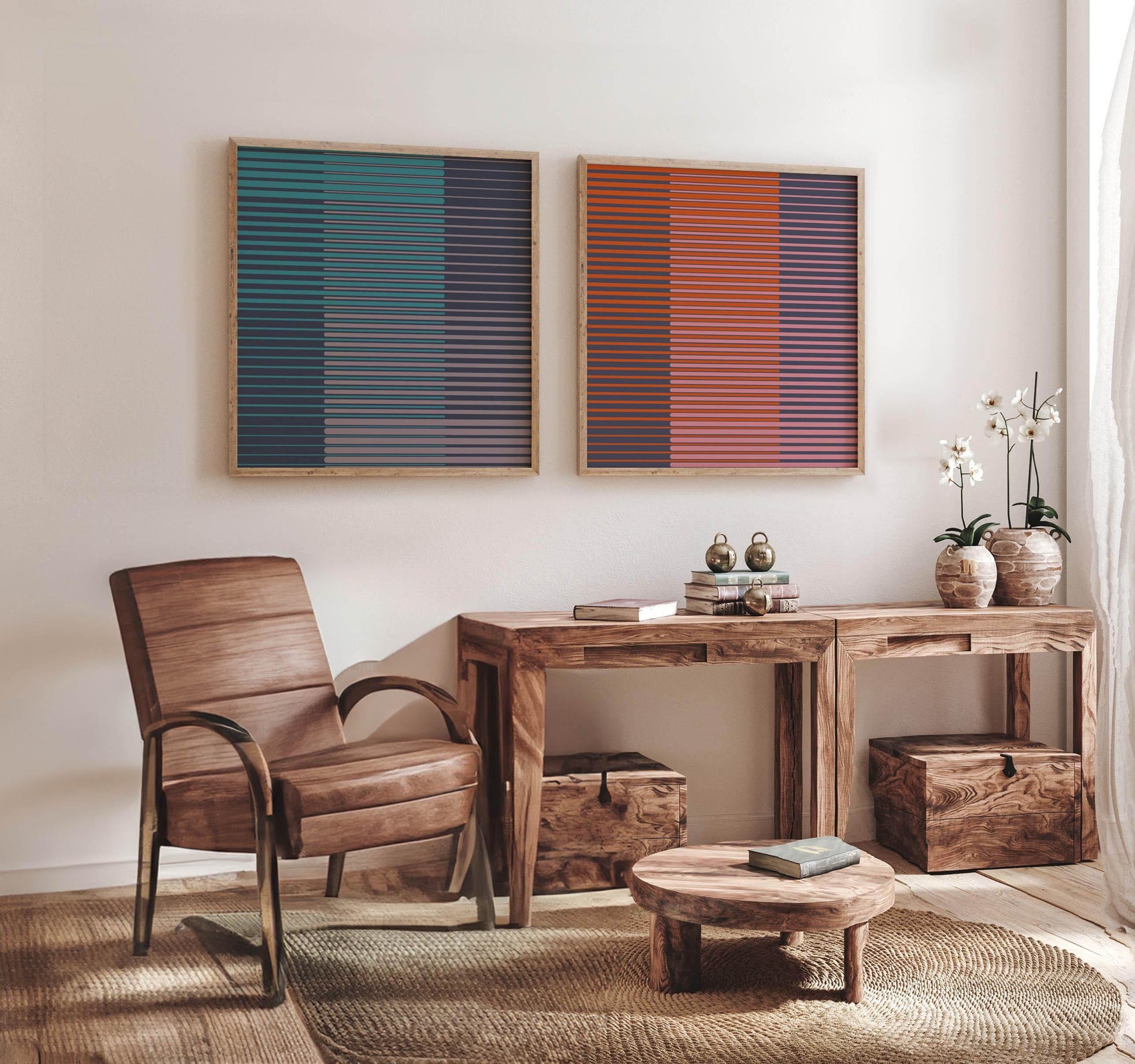 Set of 2 Blue and Pink Line Art Prints - Square Abstract Art