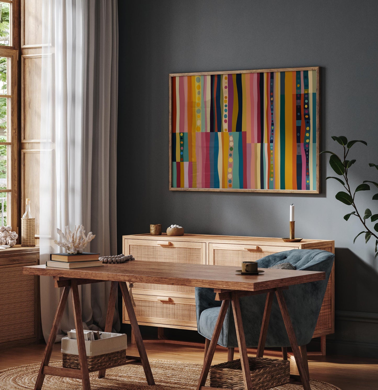 Colorful Striped Abstract Print With Dots - Modern Wall Art
