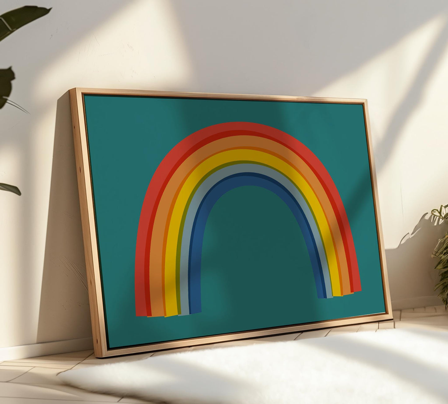 Rainbow On Teal Wall Art Print - Colorful Kids Room Room Art
