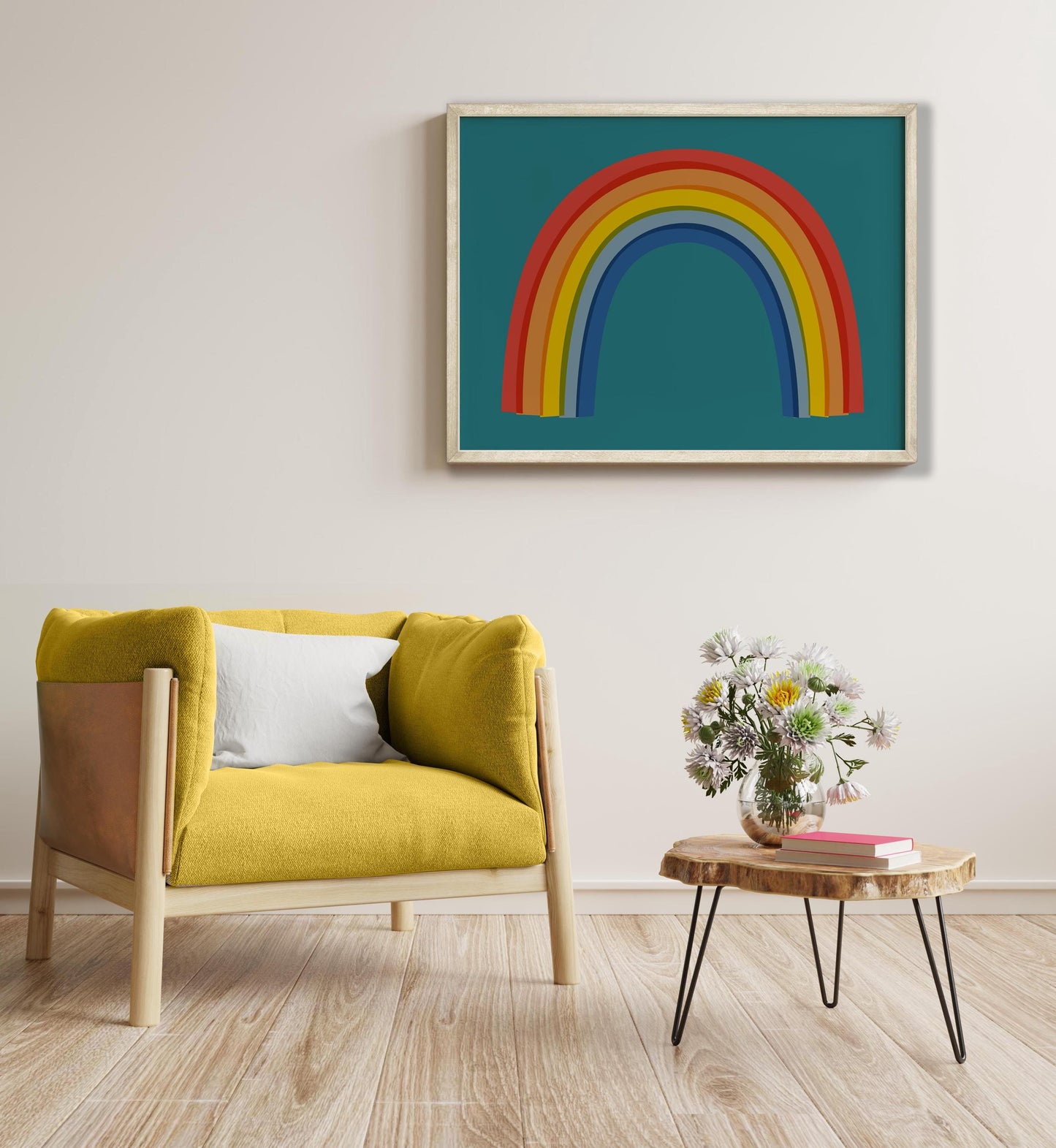 Rainbow On Teal Wall Art Print - Colorful Kids Room Room Art