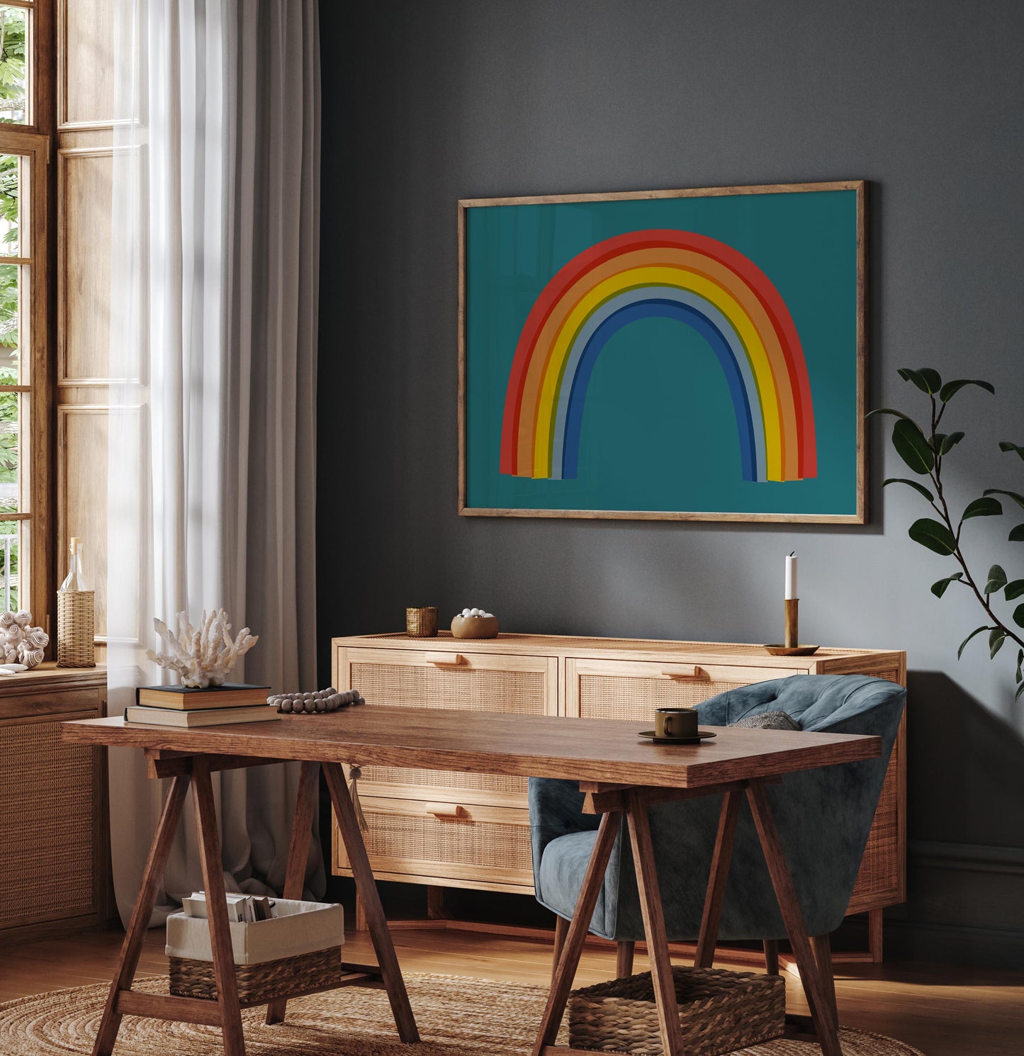 Rainbow On Teal Wall Art Print - Colorful Kids Room Room Art