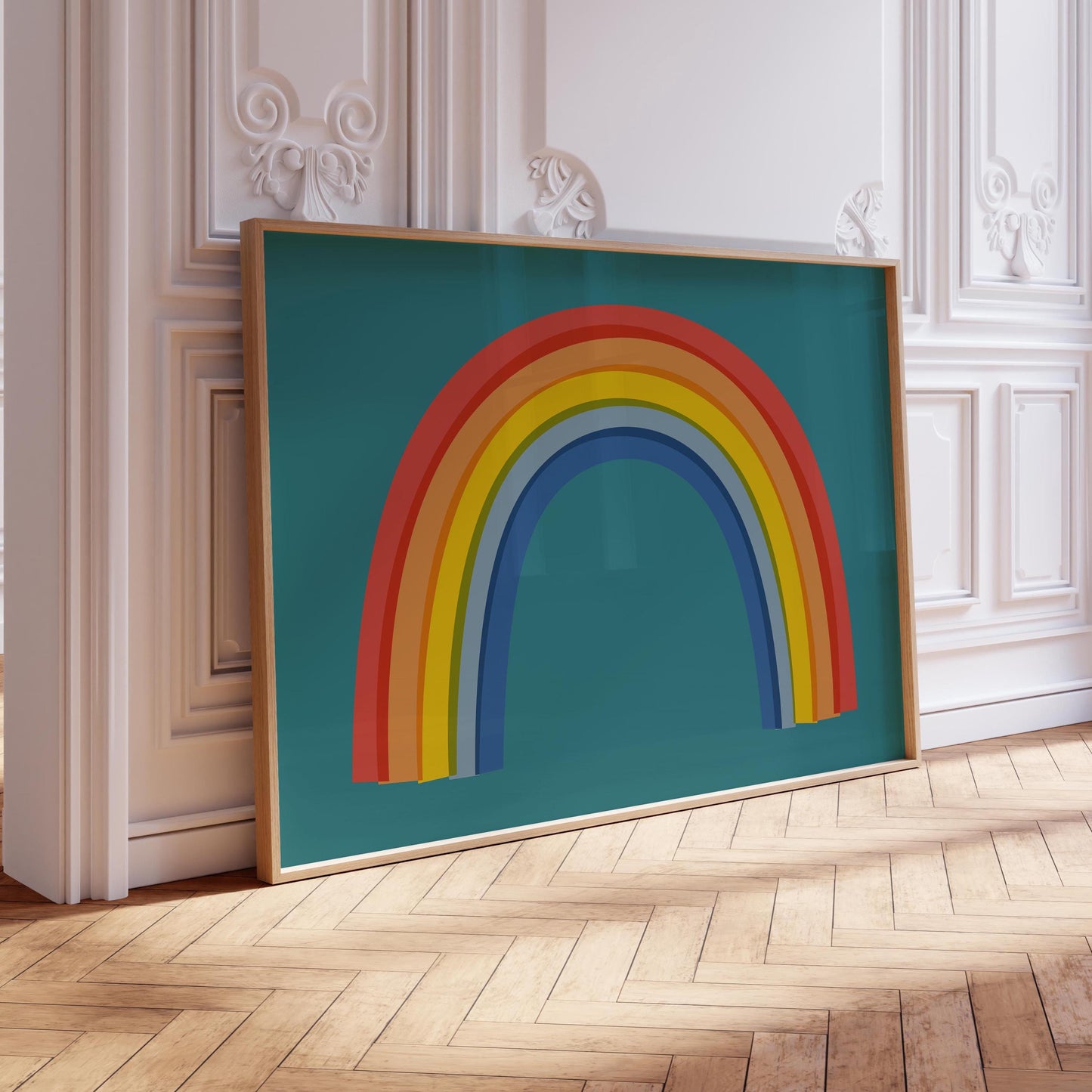 Rainbow On Teal Wall Art Print - Colorful Kids Room Room Art